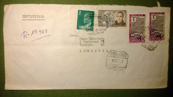 4 timbre Spania circulate pe plic - cu stampila Certificado - Benalmadena 1977