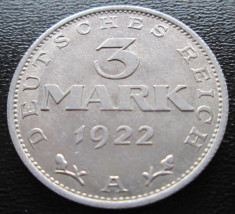 (144) GERMANIA 3 MARK, MARCI 1922 A NECIRCULATA, FOARTE FRUMOASA. foto