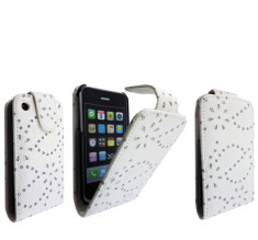 Livrare gratuita!!! Husa toc flip White Diamonds pentru iPhone 3G, iPhone 3GS + folie ecran + laveta sters + stylus pen, inchidere magnetica, deosebit foto