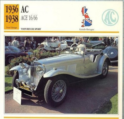 54 Foto Automobilism - AC ACE 16/66 - Marea Britanie -1936-1938 -pe verso date tehnice in franceza -dim.138X138 mm -starea ce se vede foto