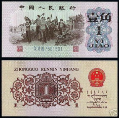 Bancnota necirculata CHINA 1 Jiao 1962 foto