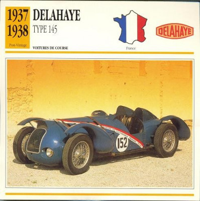 03 Foto Automobilism - DELAHAYE, TYPE 145 -Franta -1937-1938-pe verso date tehnice in franceza -dim. 138X138 mm -starea ce se vede foto