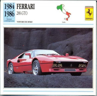 91 Foto Automobilism - FERRARI 288-GTO - ITALIA - 1984-1986 -pe verso date tehnice in franceza -dim.138X138 mm -starea ce se vede foto