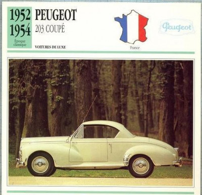 64 Foto Automobilism - PEUGEOT 203 COUPE - FRANTA -1952-1954 -pe verso date tehnice in franceza -dim.138X138 mm -starea ce se vede foto