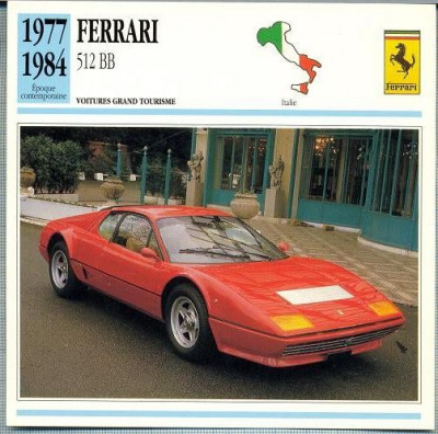 89 Foto Automobilism - FERRARI 512 BB - ITALIA - 1977-1984 -pe verso date tehnice in franceza -dim.138X138 mm -starea ce se vede foto