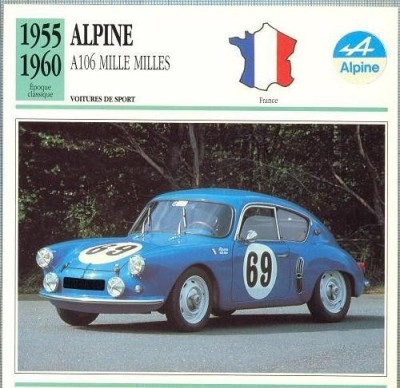 108 Foto Automobilism - ALPINE A106 MILLE MILLES - FRANTA - 1955-1960 -pe verso date tehnice in franceza -dim.138X138 mm -starea ce se vede foto