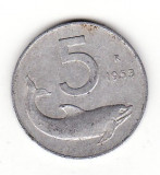 Italia 5 lire 1953-delfin, Europa, Aluminiu
