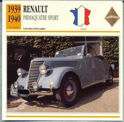161 Foto Automobilism - RENAULT PRIMAQUATRE SPORT - FRANTA - 1939-1940 -pe verso date tehnice in franceza -dim.138X138 mm -starea ce se vede foto