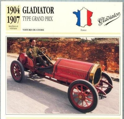 246 Foto Automobilism - GLADIATOR TYPE GRAND PRIX - FRANTA - 1904-1907 -pe verso date tehnice in franceza -dim.138X138 mm -starea ce se vede foto
