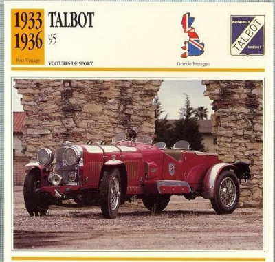 224 Foto Automobilism - TALBOT 95 - Great Britain - 1933-1936 -pe verso date tehnice in franceza -dim.138X138 mm -starea ce se vede foto
