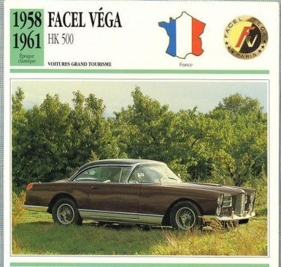 240 Foto Automobilism - FACEL VEGA HK 500 - FRANTA - 1958-1961 -pe verso date tehnice in franceza -dim.138X138 mm -starea ce se vede foto