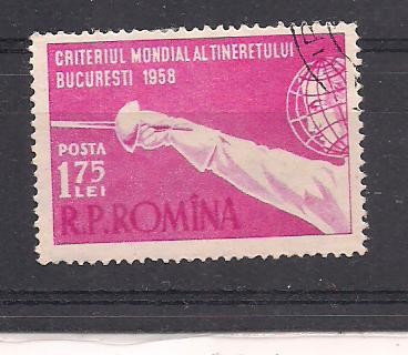 No(3)timbre-Romania 1958-L.P.451- Criteriul Mondial al Tineretului la scrima -serie stampilata foto