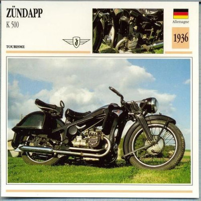 273 Foto Motociclism - ZUNDAPP K 500 - GERMANIA - 1936 -pe verso date tehnice in franceza -dim.138X138 mm -starea ce se vede foto