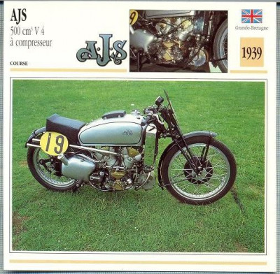 317 Foto Motociclism - AJS 500 CM3 V 4 A COMPRESSEUR - MAREA BRITANIE - 1939 -pe verso date tehnice in franceza -dim.138X138 mm -starea ce se vede foto