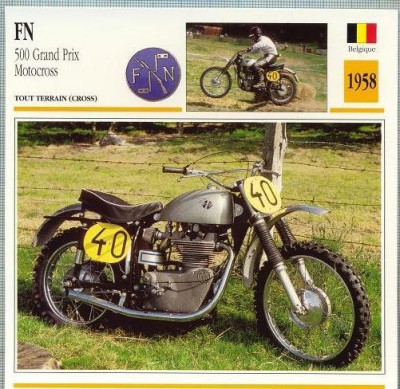 264 Foto Motociclism - FN 500 GRAND PRIX MOTOCROSS - BELGIA - 1958 -pe verso date tehnice in franceza -dim.138X138 mm -starea ce se vede foto