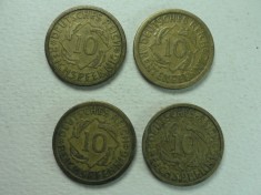 GERMANIA INTERBELICA -LOT DE 4 MONEDE 10 PFENNIG -1924 E -1924 J -1925 D -1926 G