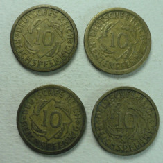 GERMANIA INTERBELICA -LOT DE 4 MONEDE 10 PFENNIG -1924 E -1924 J -1925 D -1926 G