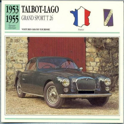 259 Foto Automobilism - TALBOT-LAGO GRAND SPORT T 26 - FRANTA - 1953-1955 -pe verso date tehnice in franceza -dim.138X138 mm -starea ce se vede foto