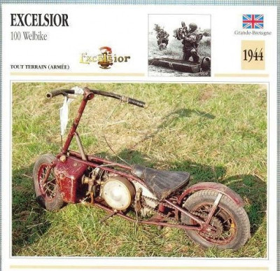 320 Foto Motociclism - EXCELSIOR 100 WELBIKE -MILITARA - MAREA BRITANIE - 1944 -pe verso date tehnice in franceza -dim.138X138 mm -starea ce se vede foto