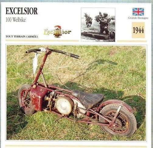 320 Foto Motociclism - EXCELSIOR 100 WELBIKE -MILITARA - MAREA BRITANIE - 1944 -pe verso date tehnice in franceza -dim.138X138 mm -starea ce se vede