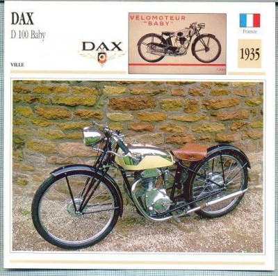 347 Foto Motociclism - DAX D 100 BABY - FRANTA -1935 -pe verso date tehnice in franceza -dim.138X138 mm -starea ce se vede foto
