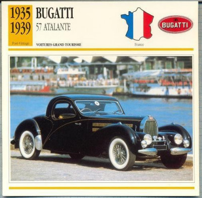 253 Foto Automobilism - BUGATTI 57 ATALANTE - FRANTA - 1935-1939 -pe verso date tehnice in franceza -dim.138X138 mm -starea ce se vede foto