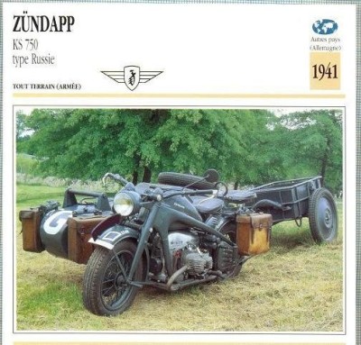 278 Foto Motociclism - ZUNDAPP KS 750 type Russie(militara) - GERMANIA - 1941 -pe verso date tehnice in franceza -dim.138X138 mm -starea ce se vede foto
