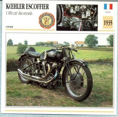 345 Foto Motociclism - KOEHLER-ESCOFFIER 1 000 CM3 DES RECORDS - FRANTA -1935 -pe verso date tehnice in franceza -dim.138X138 mm -starea ce se vede foto
