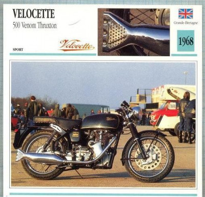 314 Foto Motociclism - VELOCETTE 500 VENOM THRUXTON - MAREA BRITANIE - 1968 -pe verso date tehnice in franceza -dim.138X138 mm -starea ce se vede foto