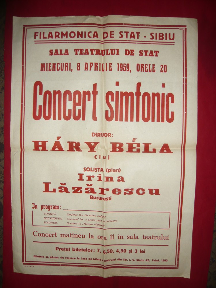Afis Concert Simfonic Filarmonica Stat Sibiu, solist pian Irina Lazarescu  1959 | Okazii.ro