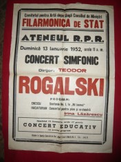 Afis Concert Simfonic dirijor Th Rogalski ,la pian Irina Lazarescu 1952 foto