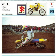 380 Foto Motociclism - SUZUKI 125 RM YVES DEMARIA - JAPONIA -1991 -pe verso date tehnice in franceza -dim.138X138 mm -starea ce se vede