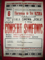 Afis Concert Simfonic Filarmonica Oltenia Craiova,la pian Irina Lazarescu 1952 foto