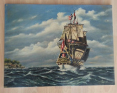 Tablou vechi pictat in ulei pe panza vaporul pe mare 47cm/35cm cu semnatura anul 1978 foto