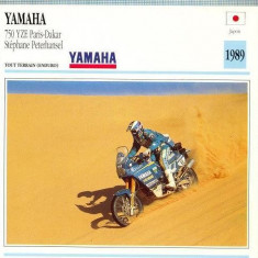 368 Foto Motociclism - YAMAHA, PARIS-DAKAR STEPHANE PETERHANSEL - JAPONIA -1991 -pe verso date tehnice in franceza -dim.138X138 mm -starea ce se vede