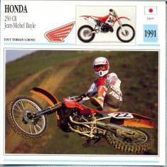 387 Foto Motociclism - HONDA 250 CR JEAN-MICHEL BAYLE - JAPONIA -1991 -pe verso date tehnice in franceza -dim.138X138 mm -starea ce se vede