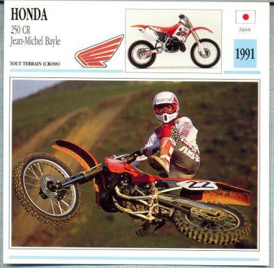 387 Foto Motociclism - HONDA 250 CR JEAN-MICHEL BAYLE - JAPONIA -1991 -pe verso date tehnice in franceza -dim.138X138 mm -starea ce se vede foto