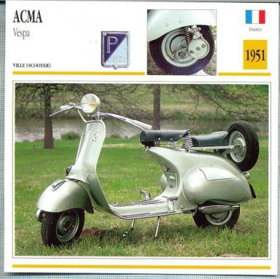 355 Foto Motociclism - ACMA VESPA -SCOOTER - FRANTA -1951 -pe verso date tehnice in franceza -dim.138X138 mm -starea ce se vede foto