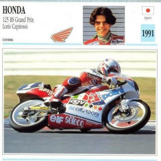 388 Foto Motociclism - HONDA 125 RS GRAND PRIX LORIS CAPIROSSI- JAPONIA -1991 -pe verso date tehnice in franceza -dim.138X138 mm -starea ce se vede