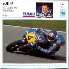 369 Foto Motociclism - YAMAHA, GRAND PRIX, CHRISTIAN SARRON - JAPONIA -1989 -pe verso date tehnice in franceza -dim.138X138 mm -starea ce se vede