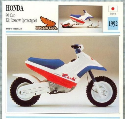 398 Foto Motociclism - HONDA 90 CUB KIT EZSNOW -PROTOTYPE - JAPONIA -1992 -pe verso date tehnice in franceza -dim.138X138 mm -starea ce se vede foto