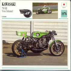 357 Foto Motociclism - KAWASAKI 750 KR YVON DUHAMEL - JAPONIA -1976 -pe verso date tehnice in franceza -dim.138X138 mm -starea ce se vede