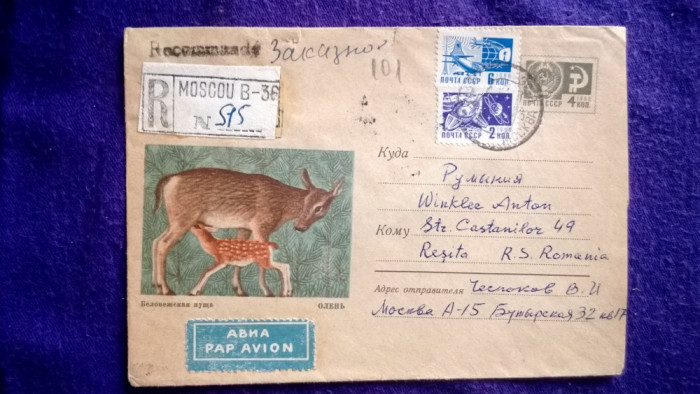 Plic circulat Recomandat - Intreg postal + timbre CCP - Motiv fauna - Par avion
