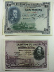 LOT 2 BANCNOTE SPANIA - 50 PESETAS 15 AUGUST 1928 - 100 PESETAS 1 IULIE 1925 foto