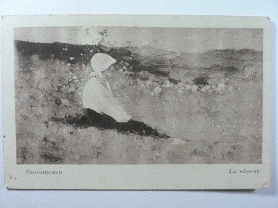 1 - GRIGORESCU - LA PASUNE - REPRODUCERE DE ARTA - SEPIA - PERIOADA INTERBELICA foto