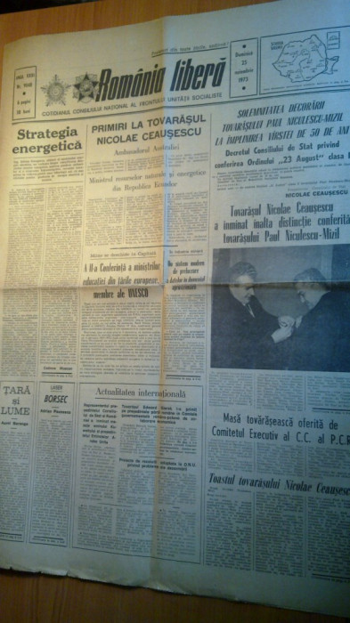 romania libera 25 noiembrie 1973-ceausescu a inmanat distinctia lui p.n.mizil