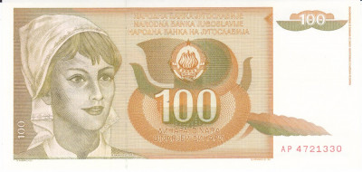 Bancnota Iugoslavia 100 Dinari 1990 - P105 UNC (valoare catalog $7) foto