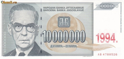 Bancnota Iugoslavia 10.000.000 Dinari 1994 - P144 UNC ( supratipar pe P122 ) foto