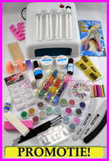 Kit unghii false lampa unghii 12 geluri colorate gel uv 100 tipsuri sabloane unghii primer sclipici caviar nail art fimo pensule gel deget practica foto