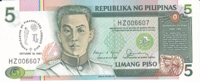 Bancnota Filipine 5 Piso 1987 - P176 UNC ( comemorativa , nr. mic serie ) foto